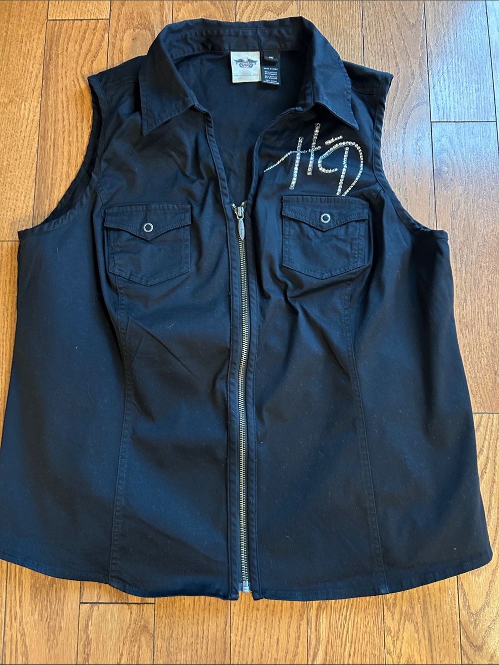 Harley-Davidson Black Sleeveless Zip Front Tank with Rhinestone Script